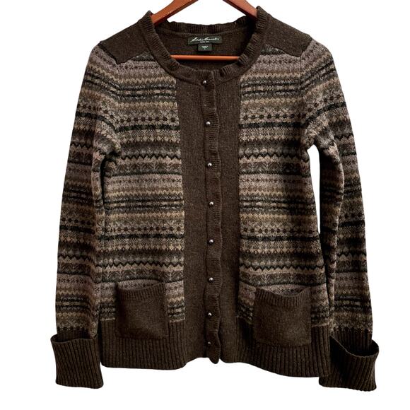Eddie Bauer Sweaters - Eddie Bauer Lambswool Fair Isle Cardigan Brown Nordic Cozy Button Front Size M